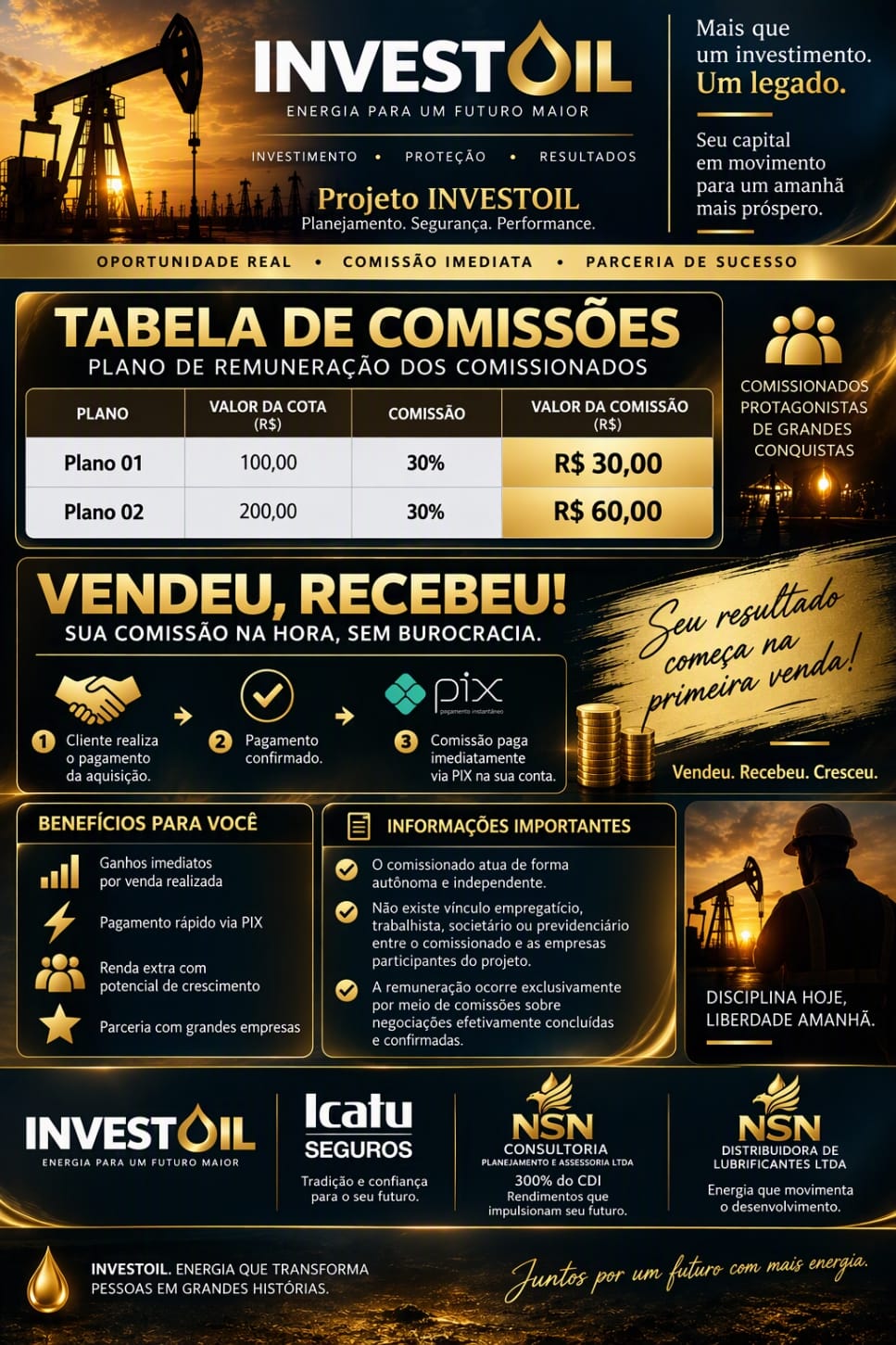Tabela de comissões do Projeto InvestOil – Vendeu, recebeu